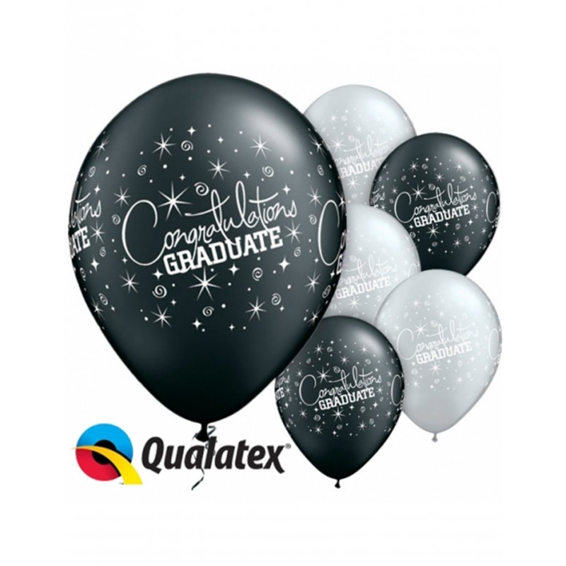 6x schwarze/perlenfarbene Latexluftballons Congratulations