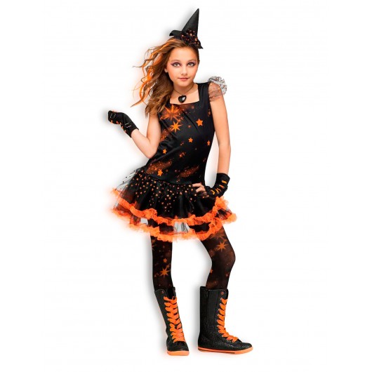 Glitzer-Hexen-Kostüm mit Orange für Mädchen (12-14)