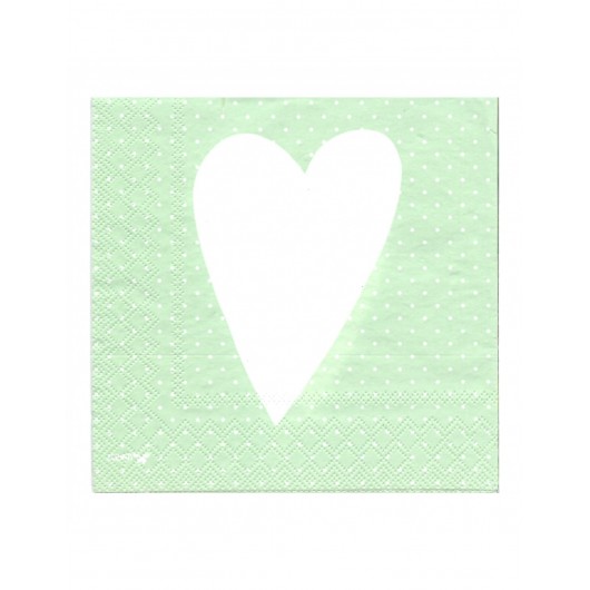 20x Serviette Herz weiß und Punkte grün 16,5 x 16,5 cm