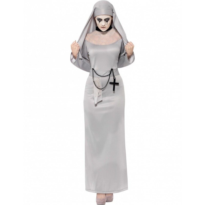 Kostüm Gothic Nonne grau mit Kleid und Kopfteil