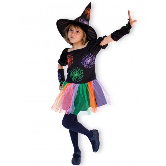 Kostüm Hexe mit farbigen Spinnenweben (8-10 Jahre)