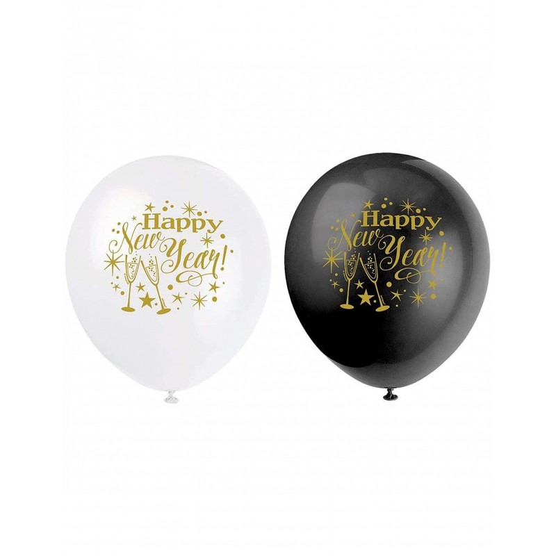 8x Latexballon Glitter HNY unsortiert schwarz-weiß