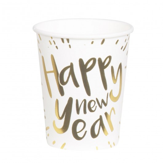 10x Papierbecher weiß mit goldener Schrift Happy New year