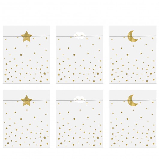 6x Papiertütchen weiß goldene Sterne mit Stickern