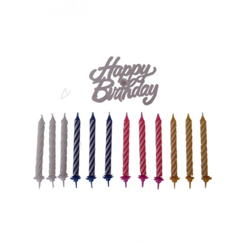 12x Kerzen mit Halter Happy Birthday
