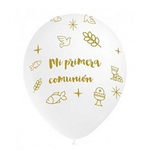 8x Latexballon weiß / gold Mi Primera Comunión 28 cm