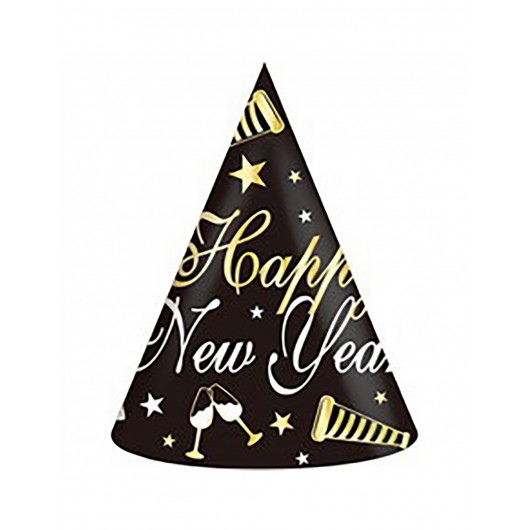6x Partyhut schwarz Happy New Year