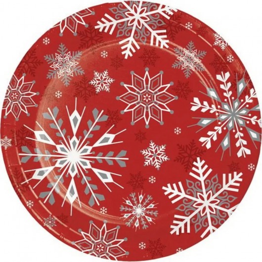 8x Teller rot Schneeflocken 23 cm