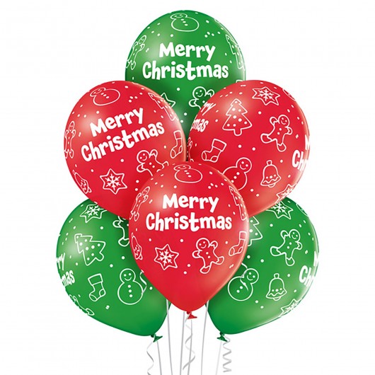 6x Latexballon rot-grün Merry Christmas