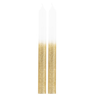 2 velas de cena blancas/doradas con purpurina