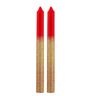 2 velas de cena rojas/doradas con purpurina