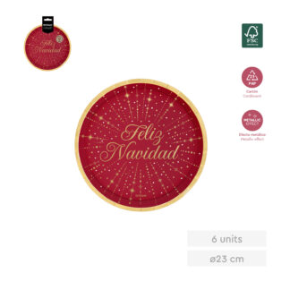 Plato rojo feliz navidad 23cm 6uds fsc mix