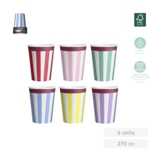 Vaso cumpleaños rallas colores 6 uds